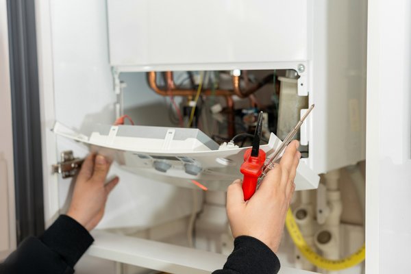 Heating technician servicing a furnace in a Huntington, NY home